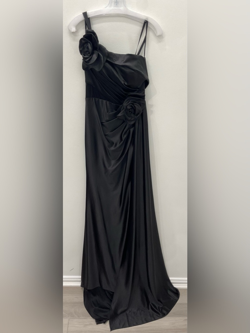 🖤 Colors Dress Black Satin Asymmetric Rosette Gown Sz 4!